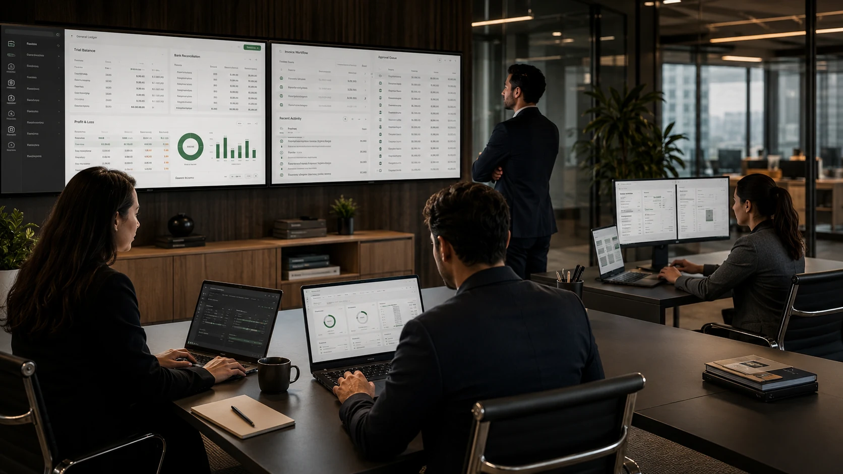 Modern accounting operations workspace with analytics and reporting screens