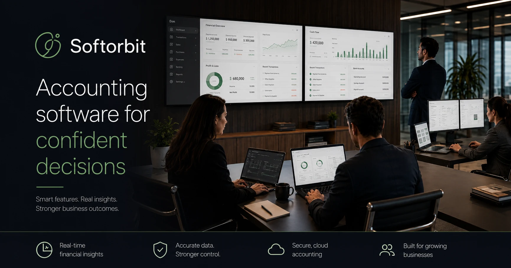 Accounting software team operating large office finance displays