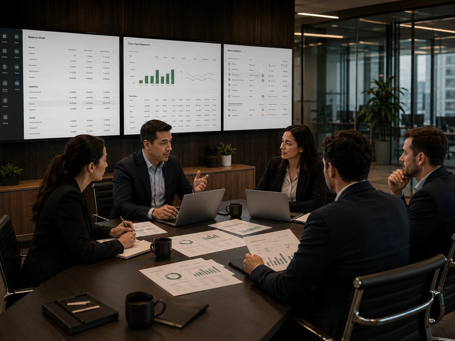 Client discussion and finance workflow review in a modern office
