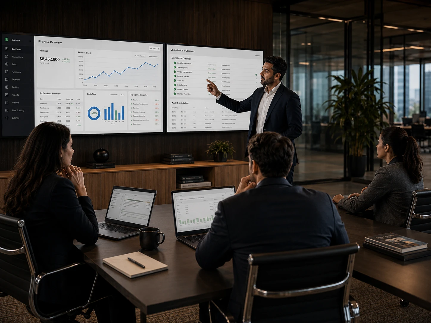 Corporate finance review meeting with analytics screens
