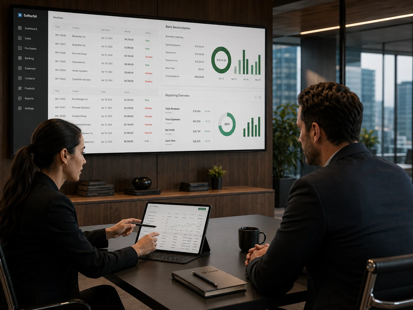 Finance strategy boardroom with large accounting presentations