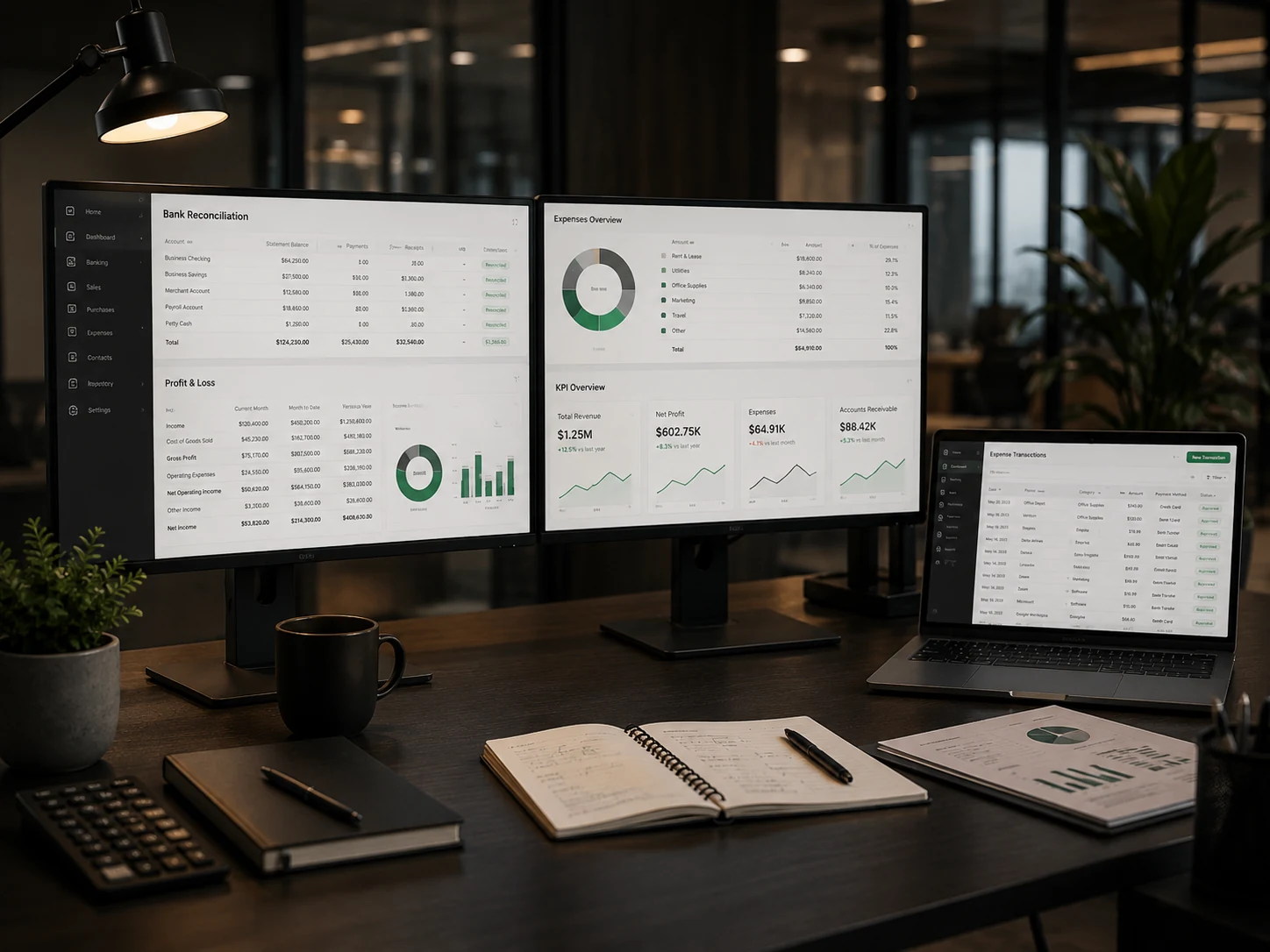 Financial dashboards and metrics shown on a large display wall