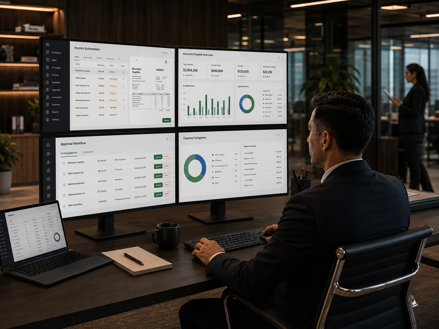 Finance analysts working with reports in a contemporary office